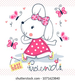 Happy cute rabbit girl in pink dress with butterflies flying around isolated on white background illustration vector.