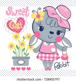 Happy cute rabbit girl in summer clothes with sunflower in a pot isolated on white background illustration vector.