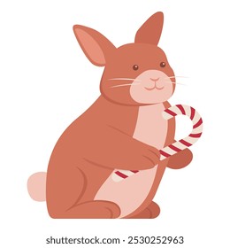 Happy cute rabbit holding a candy cane, isolated