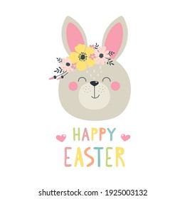 Happy and cute rabbit print with the words Happy Easter. Vector flat illustration.