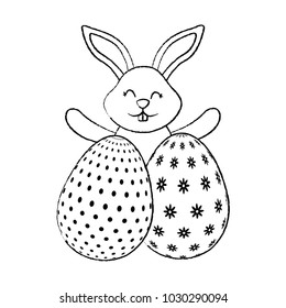 happy cute rabbit with two easter eggs decoration