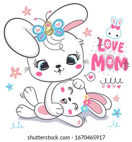Happy cute rabbits hugging each other for mother's day isolated on white background illustration vector.