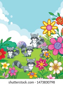 happy cute raccoons with flowers playing in the garden