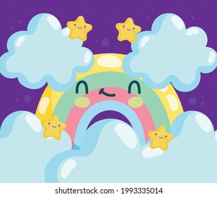 happy cute rainbow with clouds weather