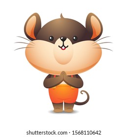 Happy cute rat character in pay respect pose, kawaii mascot vector cartoon for new year illustration
