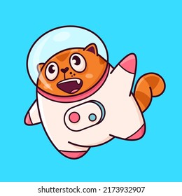 Happy cute red cat astronaut. Demonstrates emotions, happiness, joy, space, space suit. Cat character hand drawn, sticker, emoticon