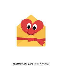Happy cute red heart face in yellow envelope. Love message sign, greeting card design. Vector illustration in flat style isolated on white