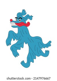 Happy cute running and jumping dog with tongue hanging out. Frisky blue puppy isolated on white background. Vector cartoon hand drawn illustration. 