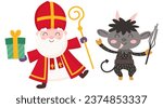 Happy and cute Saint Nicholas - Sinterklaas and Krampus celebrate Saint Nicholas Day - vector illustration isolated on transparent background