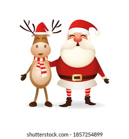 Happy cute Santa Claus and deer hugging. icon for postcards, banners and advertisements for the New Year and Christmas isolated on white background. Vector illustration EPS 10