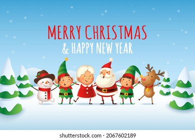 Happy and cute Santa Claus, Mrs Claus, Elves, Reindeer and Snowman celebrate winter holidays - Merry Christmas and Happy New Year