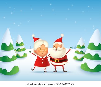 Happy and cute Santa Claus and Mrs Claus celebrate winter holidays - winter landscape