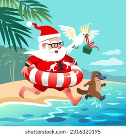 Happy cute Santa Claus on a sunny beach in Australia running into ocean with platypus and cockatoo