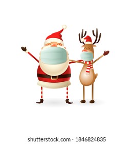 Happy cute Santa Claus and Reindeer with antivirus masks celebrate Christmas holidays - vector illustration isolated on white background
