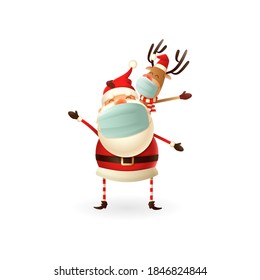Happy cute Santa Claus and Reindeer with antivirus masks celebrate Christmas holidays - vector illustration isolated on white background