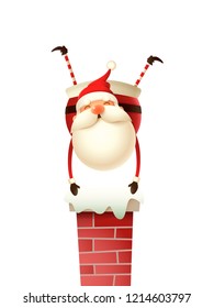 Happy cute Santa Claus standing on hands on the chimney - isolated on white background