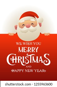 Happy cute Santa Claus stands behind red signboard advertisement banner with text Merry Christmas and Happy New Year vector