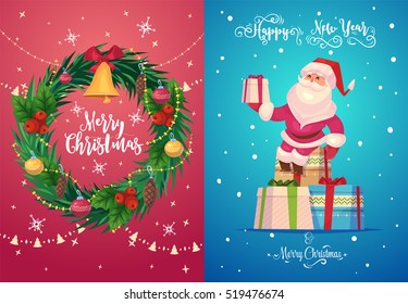 Happy cute Santa with gifts. Christmas greeting card background poster. Vector illustration. Merry christmas and Happy new year.