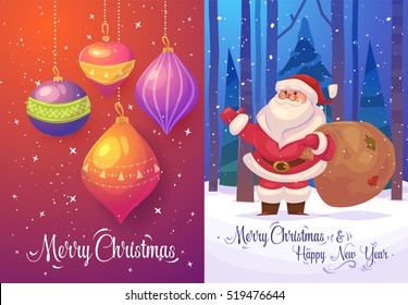 Happy cute Santa with gifts in forest. Christmas greeting card background poster. Vector illustration. Merry christmas and Happy new year.