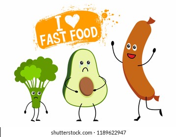 Happy cute sausage, sad broccoli and avocado in cartoon style with lettering Fast food