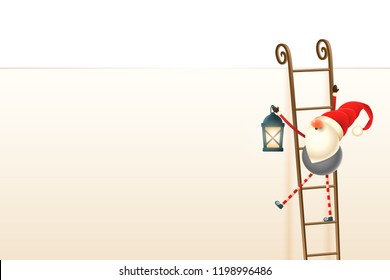 Happy Cute  Scandinavian Christmas gnome climb up the billboard using ladders. Insert text or other elements