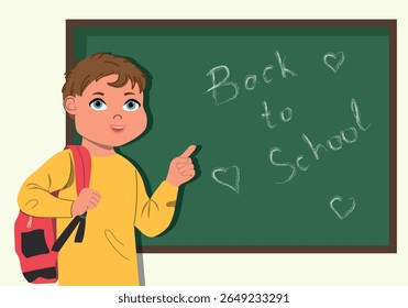 Happy cute school boy pointing with finger at blackboard. Back to school concept. Cute vector illustration in flat cartoon style