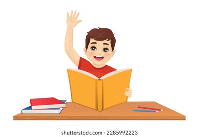 Happy cute school boy reading holding open book at the desk isolated vector illustration