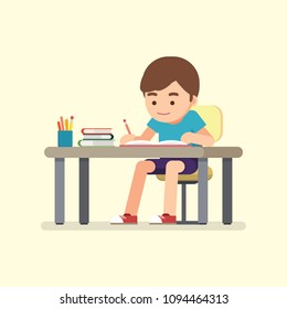 Happy cute school boy writing for homework, Study concept, Vector illustration.