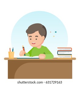 Happy cute  school boy writing for homework, Study concept, Vector illustration.