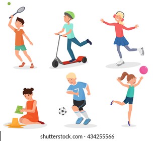Happy cute school children kids playing and sport. Bicycle, football, athletic and skating