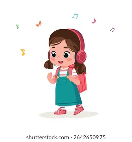 menina bonita feliz da escola ouvindo música desenho animado vetor ilustração
