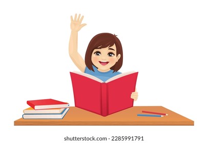 Happy cute school girl reading holding open book at the desk isolated vector illustration