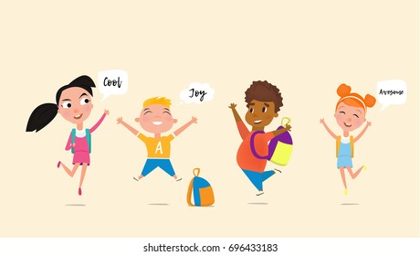 Happy and cute school multiracial children characters. Kids joyfully jumping and laughing. Jumping kids. Vector illustration for banners invitation poster and website. -stock vector