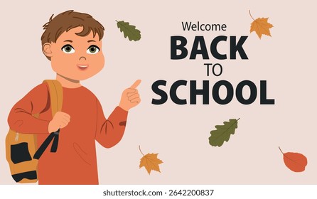 Happy cute schoolboy with backpack pointing with finger at text. Back to school concept. 