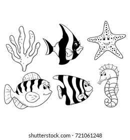 happy and cute sea animals collection with using doodle or hand drawn style
