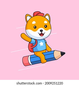 Happy cute shiba inu dog go to school ride flying pencil animal mascot cartoon vector illustration