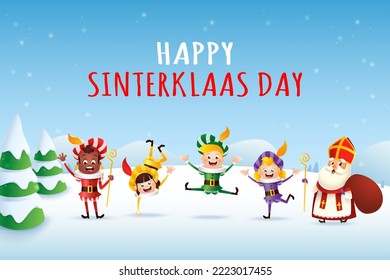 Happy and cute Sinterklaas Saint Nicholas and friends celebrate winter holidays - winter landscape