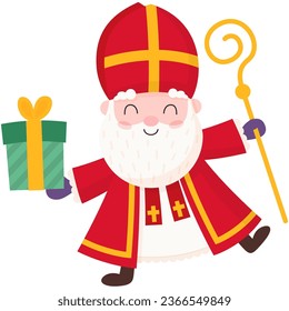 Happy and Cute Sinterklaas or Saint Nicholas with gift - vector illustration isolated on transparent background