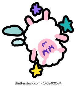 Happy Cute Sleeping Lamb Dreams Symbol Cartoon. Asleep, Dreamy and Flying Wooly Sheep among Stars and Clouds Isolated on White Background. Animal Good Night and Bed Time Vector Flat Illustration