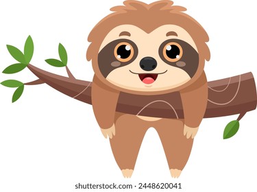 Happy Cute Sloth Cartoon Character Lazy Hanging On A Tree Branch. Vector Illustration Flat Design Isolated On Transparent Background