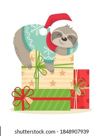 Happy and cute sloth sleeping on gifts in a scarf and Santa hat. Charming vector character. Postcards and invitations. Merry Christmas.