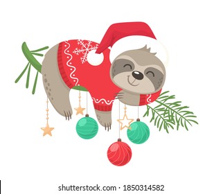 Happy and cute sloth vector graphic design for Christmas holiday. Merry Christmas stamp. An adorable sloth character wearing a Santa hat and a cozy sweater. Christmas balls