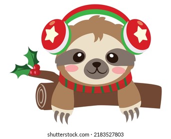 Happy and cute sloth vector graphic design for Christmas holiday. Merry Christmas stamp.