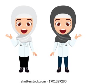 Happy cute smart Arab Muslim kid girl doctors character wearing hijab and waving with cheerful expression with stethoscope isolated