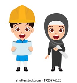 Happy cute smart Arab Muslim kid boy and girl engineer character holding map and file with cheerful expression
