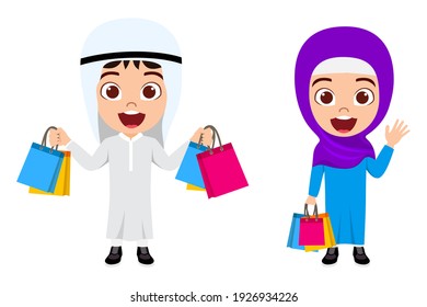 Happy cute smart Arab Muslim kid boy and girl character wearing hijab and Panjabi and holding shopping bag with cheerful expression isolated