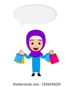 Happy cute smart Arab Muslim kid girl character wearing hijab and holding shopping bags with speech babble cheerful expression isolated