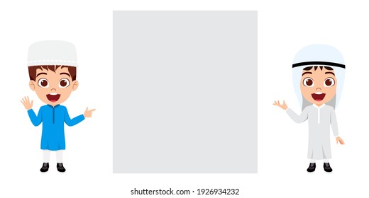 Happy cute smart Arab Muslim kid boys character pointing to a blank board with cheerful expression isolated