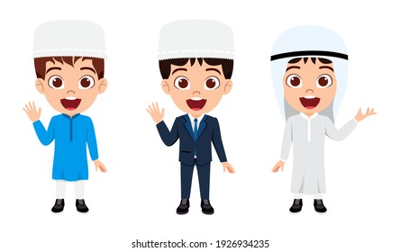 Happy cute smart Arab Muslim kid boys and businessman character waving with cheerful expression isolated