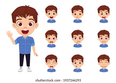 Happy cute smart boy character wearing fashionable jeans outfit with different facial expressions and emotions